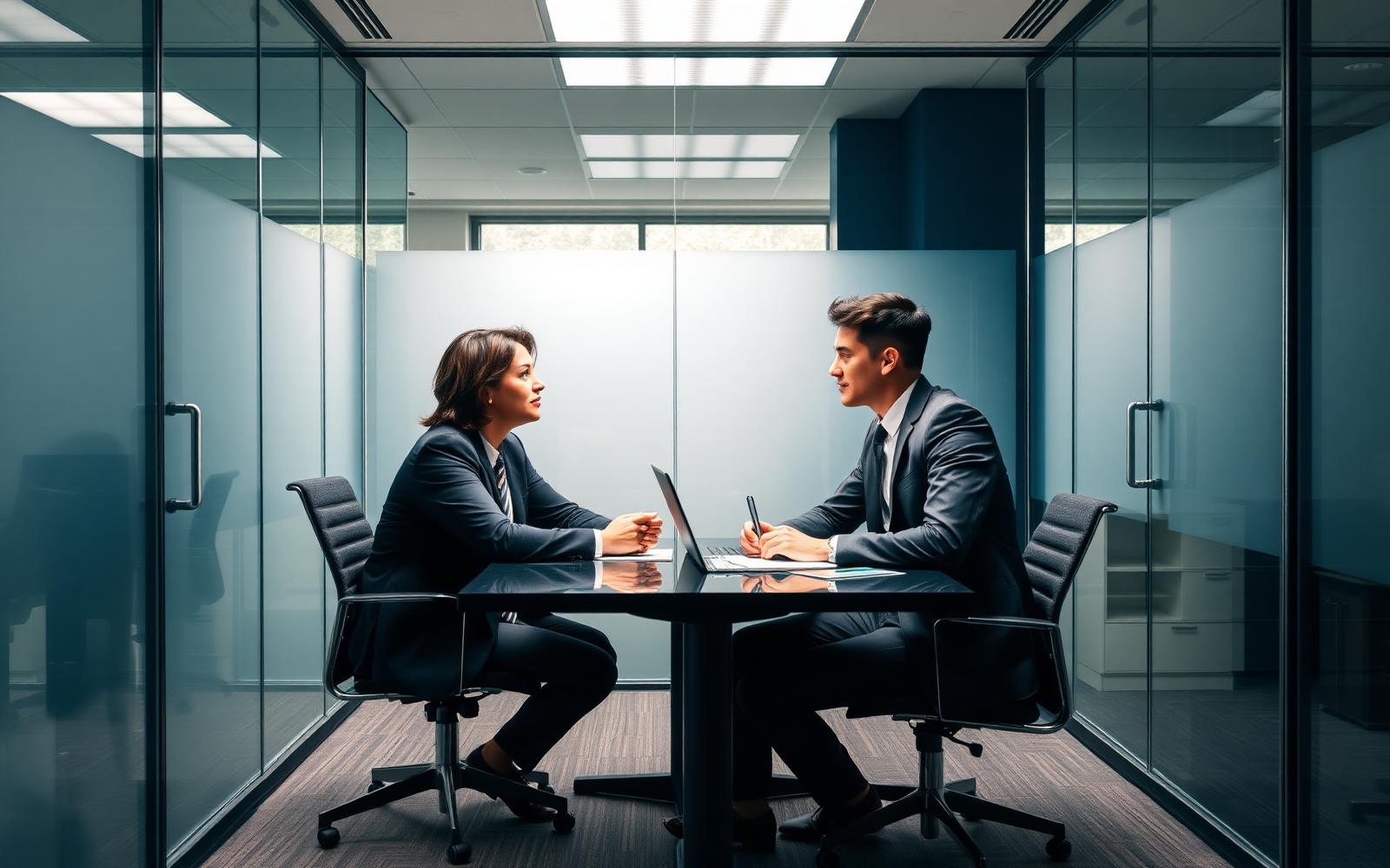 A professional recruitment discussion in a modern corporate office