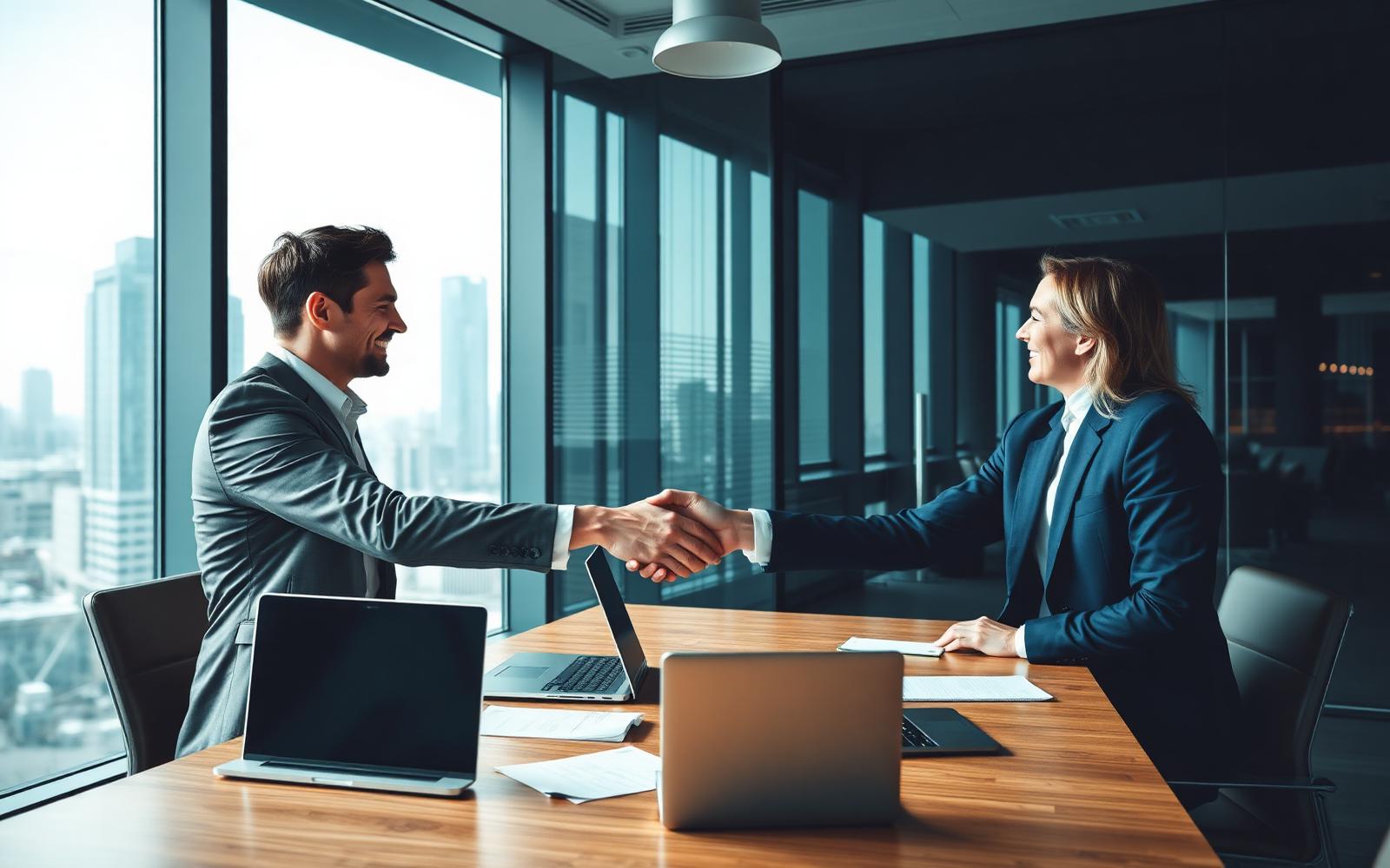 Two business professionals finalising a recruitment partnership in a modern office