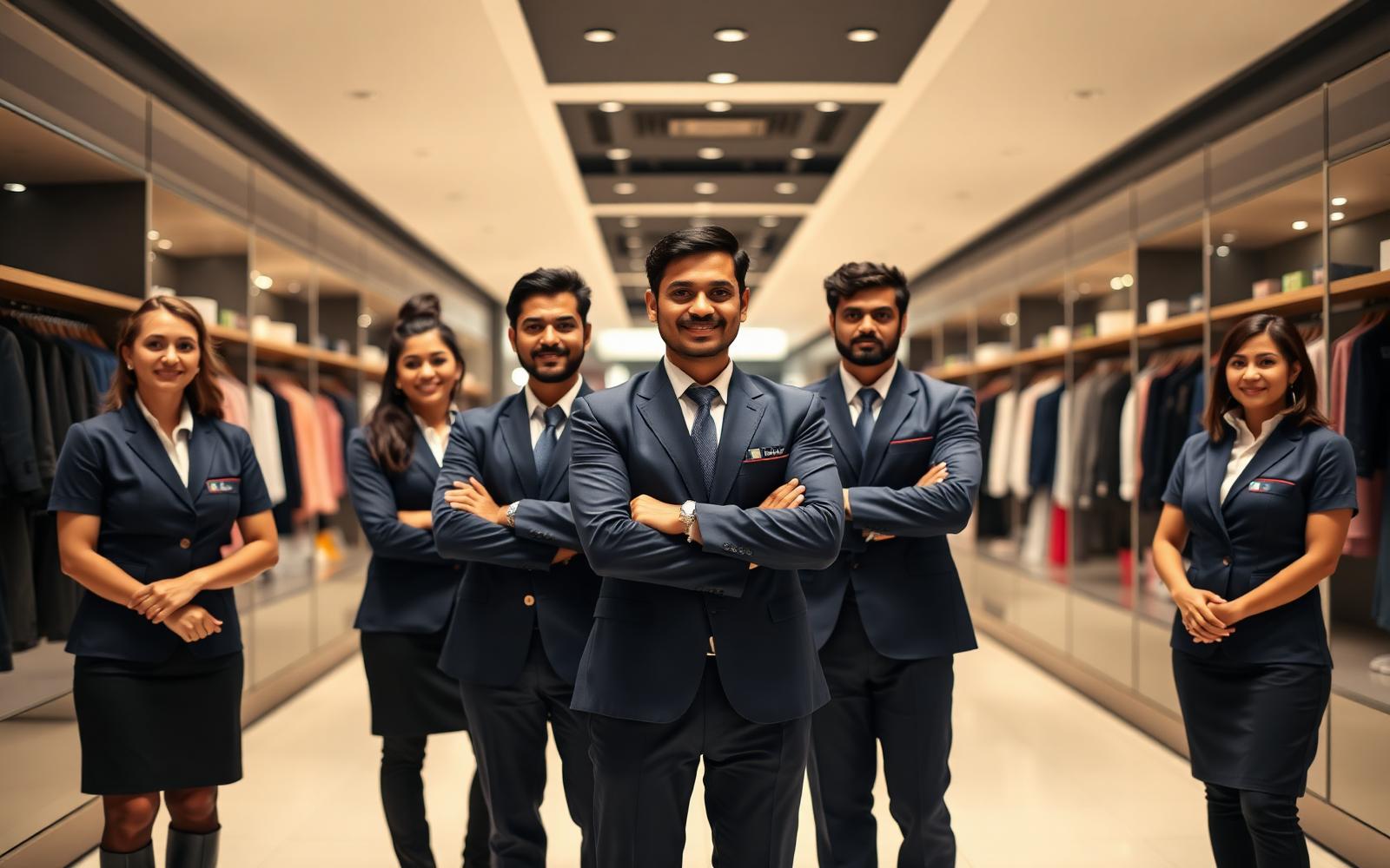 A professional retail store team in a modern fashion retail environment